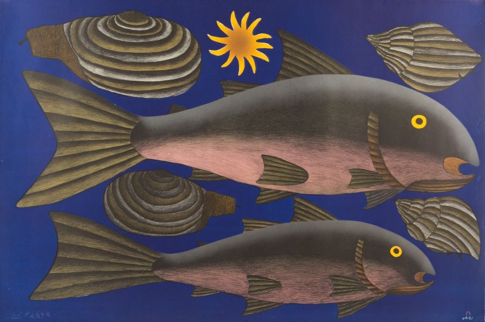 KENOJUAK ASHEVAK, INUIT, Deep Blue Sea, 2003: KENOJUAK ASHEVAK, C.C., R.C.A. (1927-2013) KINNGAIT (CAPE DORSET) Deep Blue Sea, 2003 Printmaker: NIVIAKSIE QUVINANAQTULIAQ (1970-) KINNGAIT (CAPE DORSET) lithograph and stencil on grey paper, 30 x 44