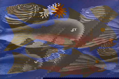 KENOJUAK ASHEVAK, INUIT, Deep Blue Sea, 2003: KENOJUAK ASHEVAK, C.C., R.C.A. (1927-2013) KINNGAIT (CAPE DORSET) Deep Blue Sea, 2003 Printmaker: NIVIAKSIE QUVINANAQTULIAQ (1970-) KINNGAIT (CAPE DORSET) lithograph and stencil on grey paper, 30 x