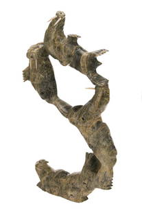 PUDLALIK SHAA, INUIT, Man and Walrus Ballet, 1990s: PUDLALIK SHAA (1965-) KINNGAIT (CAPE DORSET) Man and Walrus Ballet, 1990s stone and antler, 28 x 13 x 4.25 in (71.1 x 33 x 10.8 cm) signed, "PUDLALIK SHAA". Provenance Private Collection,