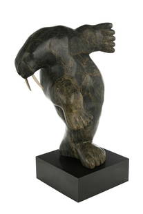 AQJANGAJUK SHAA, INUIT, Dancing Walrus Transformation, mid-late 1980s: AQJANGAJUK SHAA, R.C.A. (1937-2019) KINNGAIT (CAPE DORSET) Dancing Walrus Transformation, mid-late 1980s stone and antler, 21.5 x 17.25 x 10 in (54.6 x 43.8 x 25.4 cm) measurements reflect