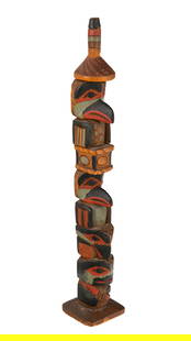 JAMES RUDOLPH, FIRST NATIONS, Model Raven Totem Pole, c. 1920s: JAMES RUDOLPH (1858-1933) TLINGIT, JUNEAU, ALASKA Model Raven Totem Pole, c. 1910 wood and pigment, 10.5 x 1.75 x 2 in (26.7 x 4.4 x 5.1 cm) unsigned. Provenance Private Collection,