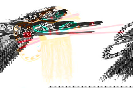 TONY GULBRANDSEN, FIRST NATIONS, Crooked Beak of Heaven & Hok Hok, 1990s: TONY GULBRANDSEN (1962-) TSIMSHIAN Kwakwa̱ka̱ʼwakw Style G̲a̱luḵwiwe (Crooked Beak of Heaven) and Huxwhukw (Hok Hok) Double Mask, 1990s red cedar wood, cedar bark,