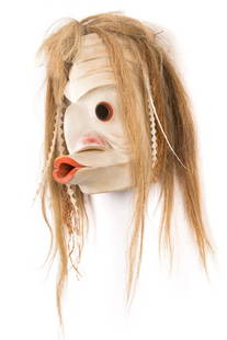 ART THOMPSON, FIRST NATIONS, Pukmis, June 1980: ART THOMPSON (1948-2003) NUU-CHAH-NULTH Pukmis (Pookmis, the Nearly-Drowned, the Drowned Fisherman, or Whaler Spirit), June 1980 cedar wood, horse hair, cedar bark, acrylic paint,