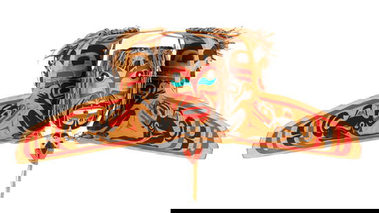 TSOONA SELLA, FIRST NATIONS, Raven Transformation Mask, 19 May 1992: TSOONA SELLA (1937-2014) HAIDA / TLINGIT Raven Transformation Mask, 19 May 1992 wood, cedar bark, acrylic paint and string, open: 19.5 x 29.25 x 17.5 in (49.5 x 74.3 x 44.5 cm) / closed : 17 x 20.5