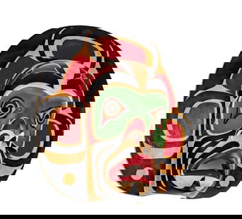 CHARLIE JOHNSON, FIRST NATIONS, Southern Kwagiulth Moon Mask, 1990s: CHARLIE JOHNSON (1964-) KWAKWA̱KA̱ʼWAKW, KINGCOME INLET Southern Kwagiulth Moon Mask, 1990s red cedar and acrylic paint, 14.5 x 13.25 x 5.25 (36.8 x 33.7 x 13.3 cm) signed, titled,