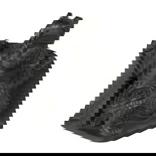 GARY MINAKER-RUSS, FIRST NATIONS, Haida Raven Dancer, December 1985: GARY MINAKER-RUSS (1958), MASSET, HAIDA GWAII Haida Raven Dancer, December 1985 argillite, 5.5 x 4.25 x 3.75 in (14 x 10.8 x 9.5 cm) inscribed, titled, inscribed with artist's stylized initials,