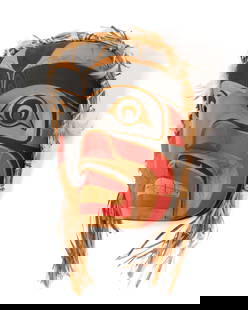 Attr: NANCY DAWSON, FIRST NATIONS, Kwagiulth Hawkman, 1988: Attributed to NANCY DAWSON (1954-) KWAKWA̱KA̱ʼWAKW Kwagiulth Hawkman, 1988 red cedar, cedar bark, feathers, acrylic paint, and cotton thread, 12 x 8.5 x 7.5 in (30.5 x 21.6 x 19.1