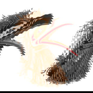 STAN HUNT, FIRST NATIONS, Articulated Raven Model Mask, June 2000: STANLEY “STAN” CLIFFORD HUNT (1954-) KWAKWA̱KA̱ʼWAKW, FORT RUPERT, B.C. Articulated Raven Model Mask, June 2000 cedar wood, cedar bark, acrylic paint, thread, and