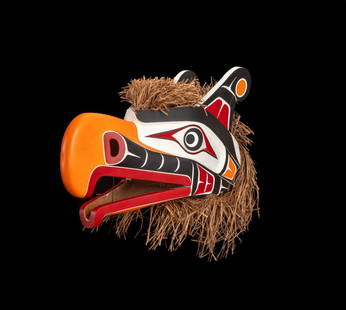 STEPHEN BRUCE, FIRST NATIONS, Thunderbird Mask, 1998: STEPHEN BRUCE (1968-) KWAKWA̱KA̱ʼWAKW, ALERT BAY, B.C. Thunderbird Mask, 1998 red cedar wood, cedar bark, and acrylic paint, 14.5 x 25 x 11 in (36.8 x 63.5 x 27.9 cm), measurements