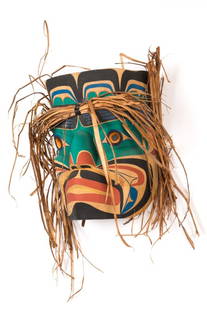 VERONICA HACKETT, FIRST NATIONS, Komokwa (Chief of the Undersea) Mask, 1992: VERONICA HACKETT, KWAKWA̱KA̱ʼWAKW, POWELL RIVER, B.C. Komokwa (Chief of the Undersea) Mask, 1992 red cedar wood, cedar bar, hide, and acrylic paint, 13.75 x 9.5 x 7 in (34.9 x 24.1 x