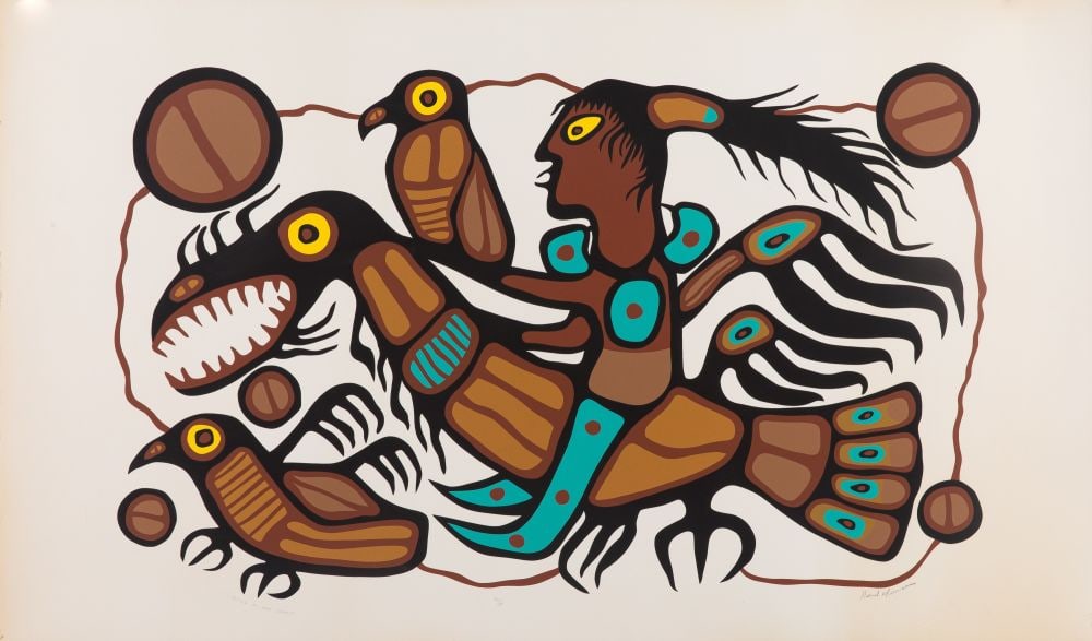 NORVAL MORRISSEAU, FIRST NATIONS, Flying to the Summit,: NORVAL MORRISSEAU, C.M. (1931-2007) ANISHINAABE Flying to the Summit, silkscreen on Great Grasslands Graphics blind embossed paper, 22.75 x 37.25 (57.8 x 94.6 cm) 44/57 Provenance Private Collection, 