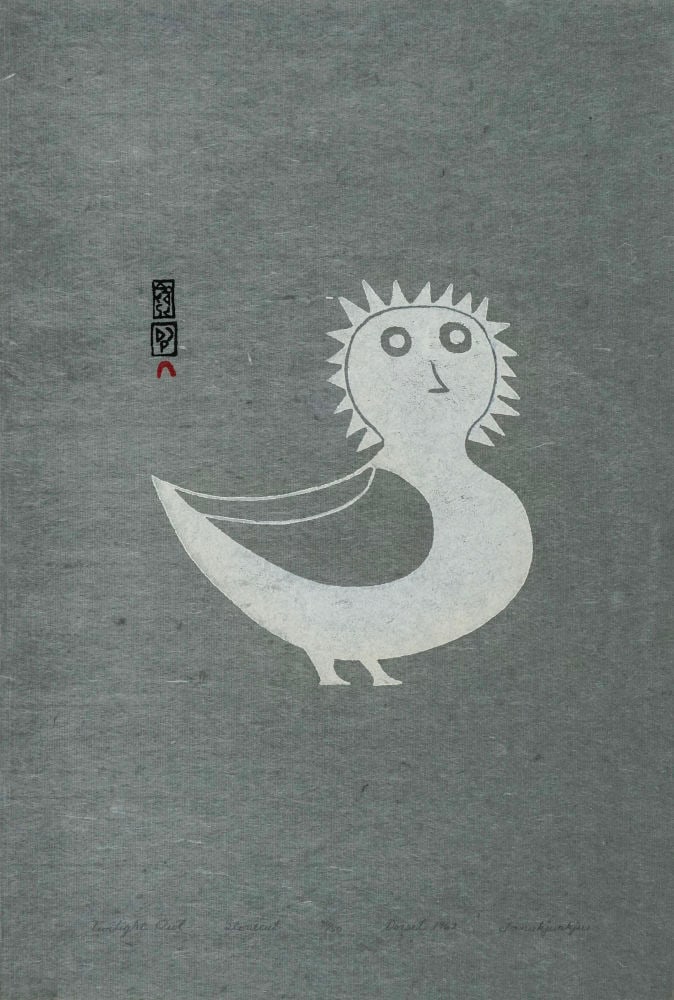INNUKJUAKJU PUDLAT, INUIT, Twilight Owl, 1962 (1999 #2): INNUKJUAKJU PUDLAT (1913-1972) KINNGAIT (CAPE DORSET) Twilight Owl, 1962 (1999 #2) Printmaker: TIMOTHY OTTOCHIE (1904-1982) KINNGAIT (CAPE DORSET) stonecut on grey paper, 18 1/2 x 12 1/2 in (47 x 31.8