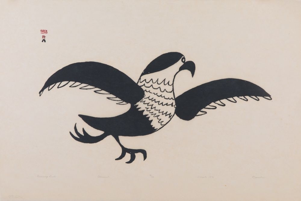 NAPACHIE POOTOOGOOK, INUIT, , Running Gull, 1970 (2002 #5): NAPACHIE POOTOOGOOK (1938 -2002) KINNGAIT (CAPE DORSET) Running Gull, 1970 (2002 #5) Printmaker: ELIYAH POOTOOGOOK (1943-) KINNGAIT (CAPE DORSET) stonecut, 20 x 30 in (50.8 x 76.2 cm) 12/40 Provenance
