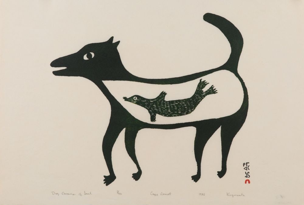 KINGMEATA ETIDLOOIE, INUIT, Dog Dreams of Seal, 1973 #65: KINGMEATA ETIDLOOIE (1915-1989) KINNGAIT (CAPE DORSET) Dog Dreams of Seal, 1973 #65 Cutter or Platemaker: SAGGIAKTOK SAGGIAKTOK (1932-) KINNGAIT (CAPE DORSET) Printmakers: LUKTA QIATSUK (1928-2004) an