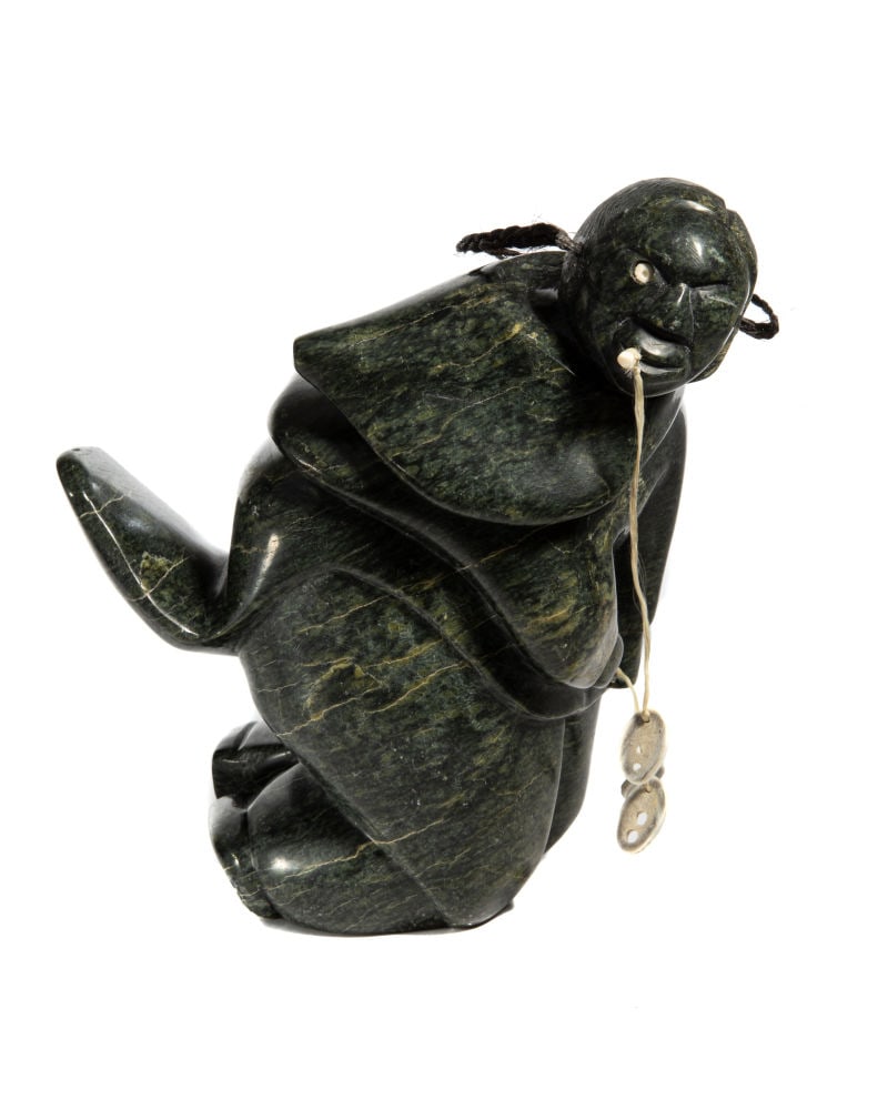 OMALLUQ OSHUTSIAQ , INUIT, Tooth Pull, 1990s: OMALLUQ OSHUTSIAQ (1948–2014) KINNGAIT (CAPE DORSET) Tooth Pull, 1990s stone, antler, hair and waxed string, 8 x 5 x 8 in (20.3 x 12.7 x 20.3 cm) signed, "ᐊᒪᓗ". Provenance Priv
