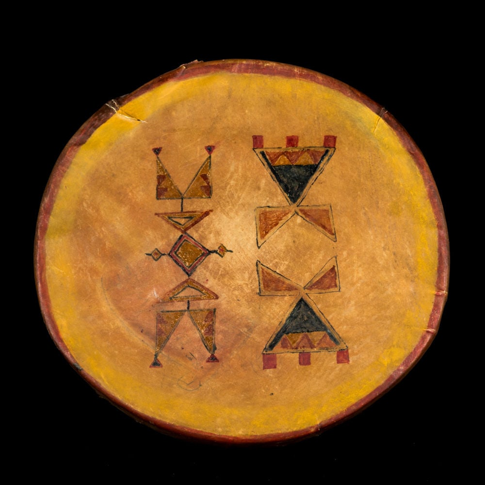 UNIDENTIFIED ARTIST, Probably PLAINS, Painted Hand Drum, late 19th century: UNIDENTIFIED ARTIST, Probably PLAINS Painted Hand Drum, late 19th century raw hide, wood, pigment, rope, and iron nails, 16.5 x 16.5 x 2.25 in (41.9 x 41.9 x 5.7 cm) Provenance Important Private Colle