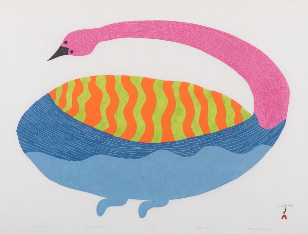 SAIMAIYU AKESUK, INUIT, Drifting Home, 2021 #10: SAIMAIYU AKESUK (1988-) KINNGAIT (CAPE DORSET) Drifting Home, 2021 #10 Printmaker: CEE POOTOOGOOK (1967-) KINNGAIT (CAPE DORSET) stonecut and stencil with blind embossing, 17.75 x 23.25 in (45.1 x 59.