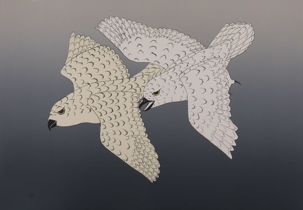 KANANGINAK POOTOOGOOK, INUIT, Arctic Owls, 1999: KANANGINAK POOTOOGOOK, R.C.A. (1935-2010) KINNGAIT (CAPE DORSET) Arctic Owls, 1999 (Cape Dorset, 1959-1999 #4) Printmaker: PITSEOLAK NIVIAQSI, R.C.A. (1947-2015) KINNGAIT (CAPE DORSET) lithograph, 22.