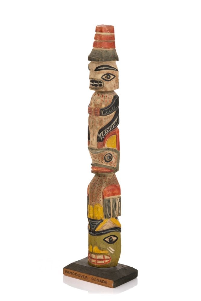 JACOB LOUIE, FIRST NATIONS Model Totem Pole (William Webber’s Thunderbird Scenery Shop), c. 19: JACOB LOUIE (1903-1969) NUU-CHAH-NULTH (MOWACHAHT/MUCHALAHT) Model Totem Pole (William Webber’s Thunderbird Scenery Shop), c. 1930s wood and paint, 12.75 x 3.25 x 2.25 in (32.4 x 8.3 x 5.7 cm) unsig