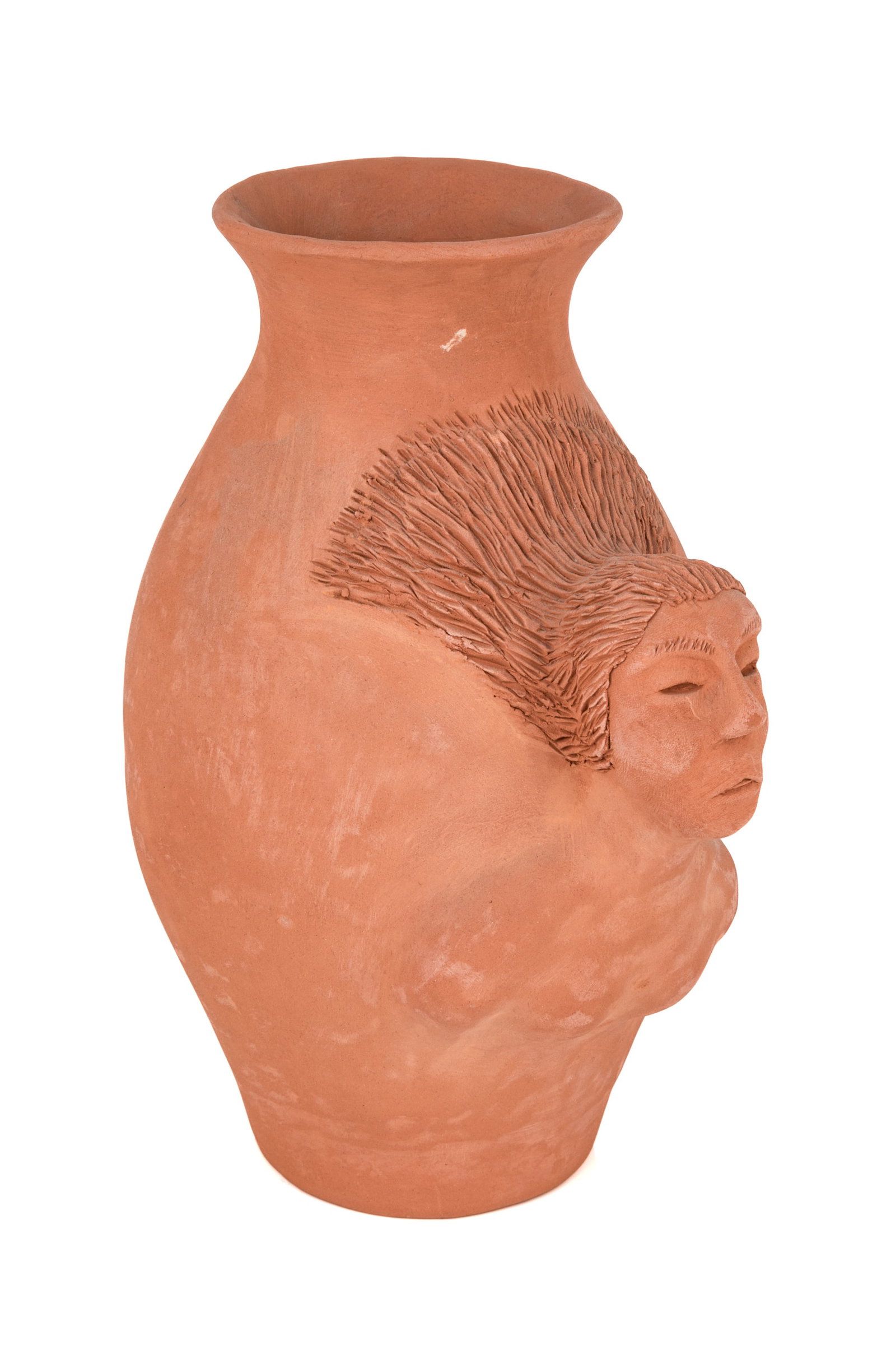 ROGER AKSADJUAK, INUIT, Vase with Emerging Sedna Figure, 30 June 1995: ROGER AKSADJUAK (1972-) KANGIQLINIQ (RANKIN INLET) / WINNIPEG, MB Vase with Emerging Sedna Figure, 30 June 1995 unglazed ceramic, 9.25 x 4.75 x 4.25 in (23.5 x 12.1 x 10.8 cm) signed, inscribed, and d