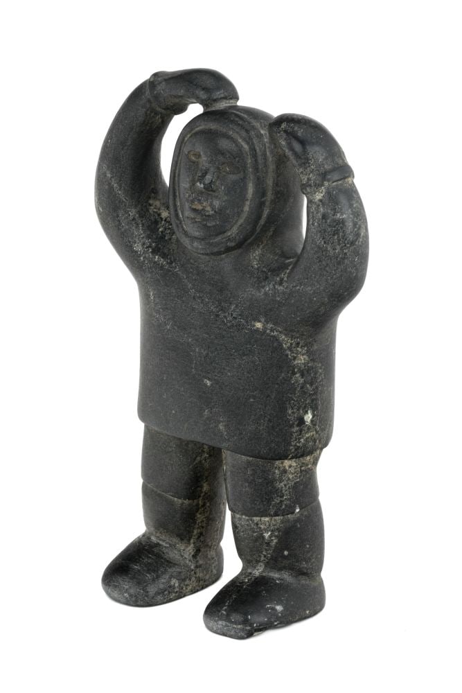 PAULOOSIE QUANANAK, INUIT, Signalling Hunter, c. 1960: PAULOOSIE QUANANAK (1899-1963) POVUNGNITUK (PUVIRNITUQ) Signalling Hunter, c. 1960 stone, 7.5 x 4.5 x 2.25 in (19.1 x 11.4 x 5.7 cm) inscribed with artist's disc number, "E91441". Provenance Waddingto