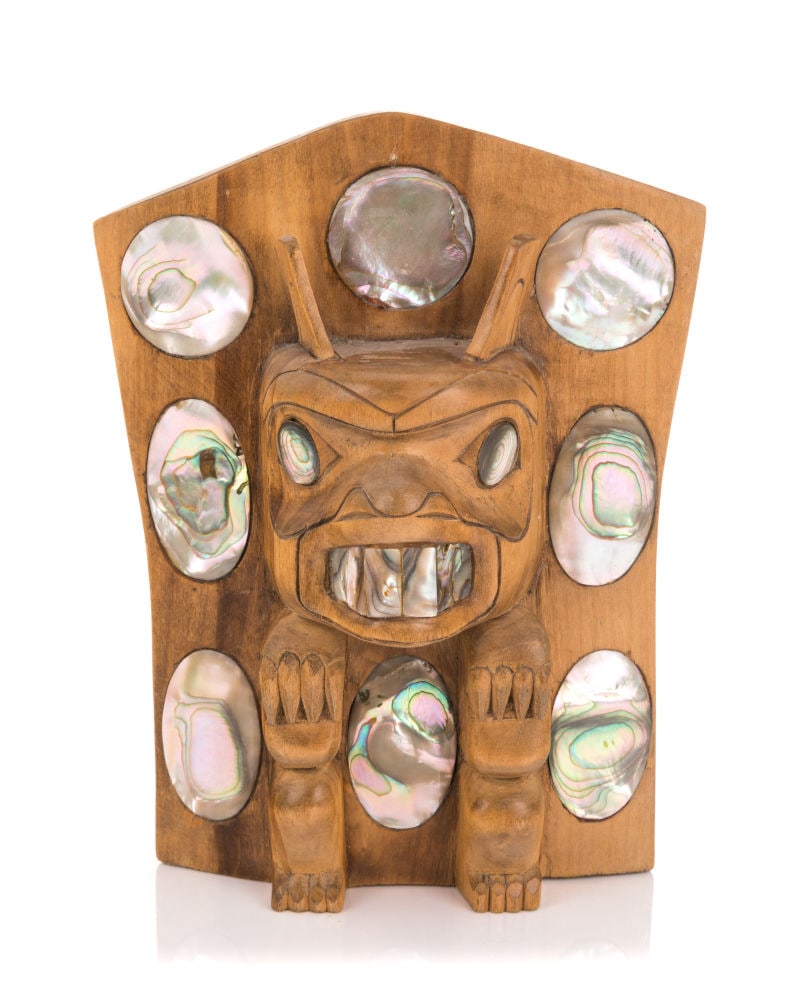FRANCIS HORNE SR., FIRST NATIONS, Model Bear Frontlet, c. 1980: FRANCIS HORNE SR. (KHUT WHEE MUL UHK) (1954-) COAST SALISH (LUMMI/TSAWOUT) Model Bear Frontlet, c. 1980 yellow cedar wood and abalone, 8.5 x 6.5 x 3 in (21.6 x 16.5 x 7.6 cm) signed, titled, and signe