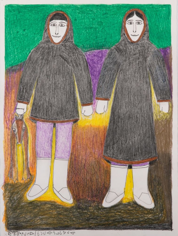 JANET KIGUSIUQ, INUIT, Untitled Drawing (Man and Woman with Dog), early 2000s: JANET KIGUSIUQ (1926-2005) QAMANI'TUAQ (BAKER LAKE) Untitled Drawing (Man and Woman with Dog), early 2000s coloured pencil and graphite on paper, 15.25 x 11.25 in (38.7 x 28.6 cm) inscribed with artis