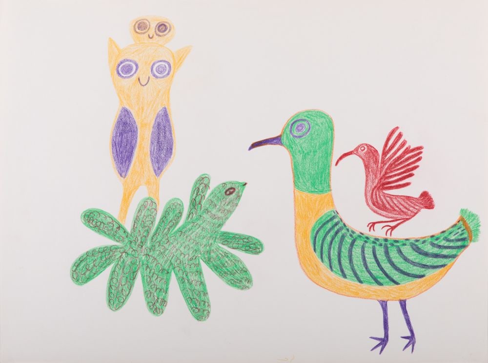 LUCY QINNUAYUAK, INUIT, Brightly Coloured Birds, c. 1965-67: LUCY QINNUAYUAK (1915-1982) KINNGAIT (CAPE DORSET) Brightly Coloured Birds, c. 1965-67 coloured pencil on wove paper, 18 x 24 in (45.7 x 61 cm) signed,"ᓗᓯ". Provenance Collection of John a