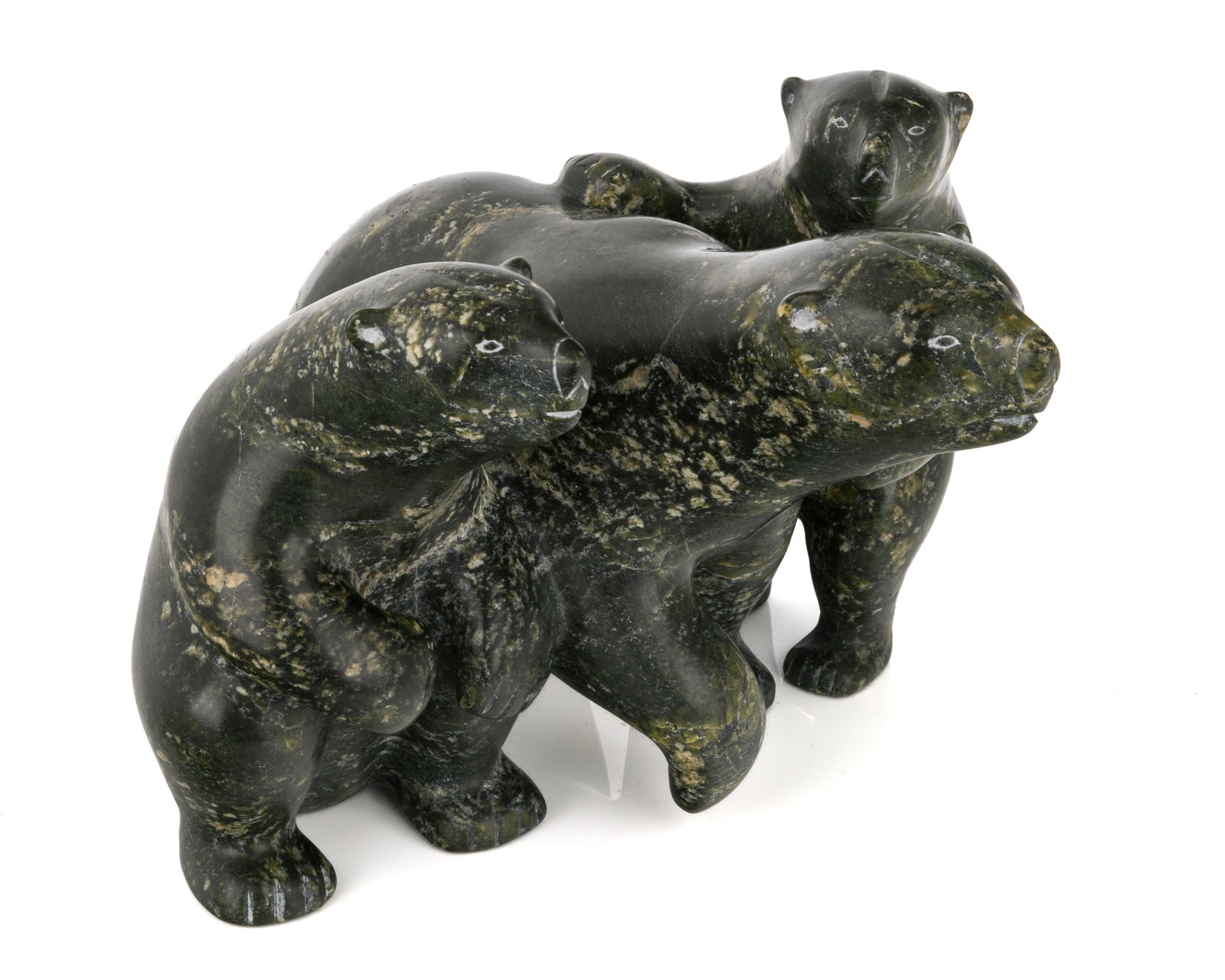 TAQIALUQ (TUK / TUQ) NUNA , INUIT, Frolicking Polar Bear Family, 2000s: TAQIALUQ (TUK / TUQ) NUNA (1958-) KINNGAIT (CAPE DORSET) Frolicking Polar Bear Family, 2000s stone, 8.5 x 11.5 x 14.25 in (21.6 x 29.2 x 36.2 cm) signed, "TUK / NUNA"; Provenance Private Collection, W