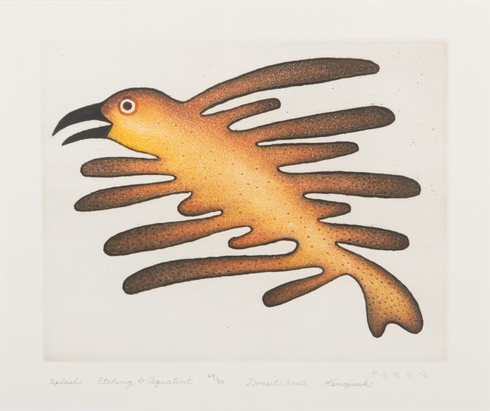 KENOJUAK ASHEVAK, INUIT, Splash, 2002 #19: KENOJUAK ASHEVAK, C.C., R.C.A. (1927-2013) KINNGAIT (CAPE DORSET) Splash, 2002 #19 Printmaker: STUDIO PM, MONTREAL etching and aquatint, sheet: 10 x 12 in (25.4 x 30.5 cm) / plate: 7.75 x 9.75 in (19.