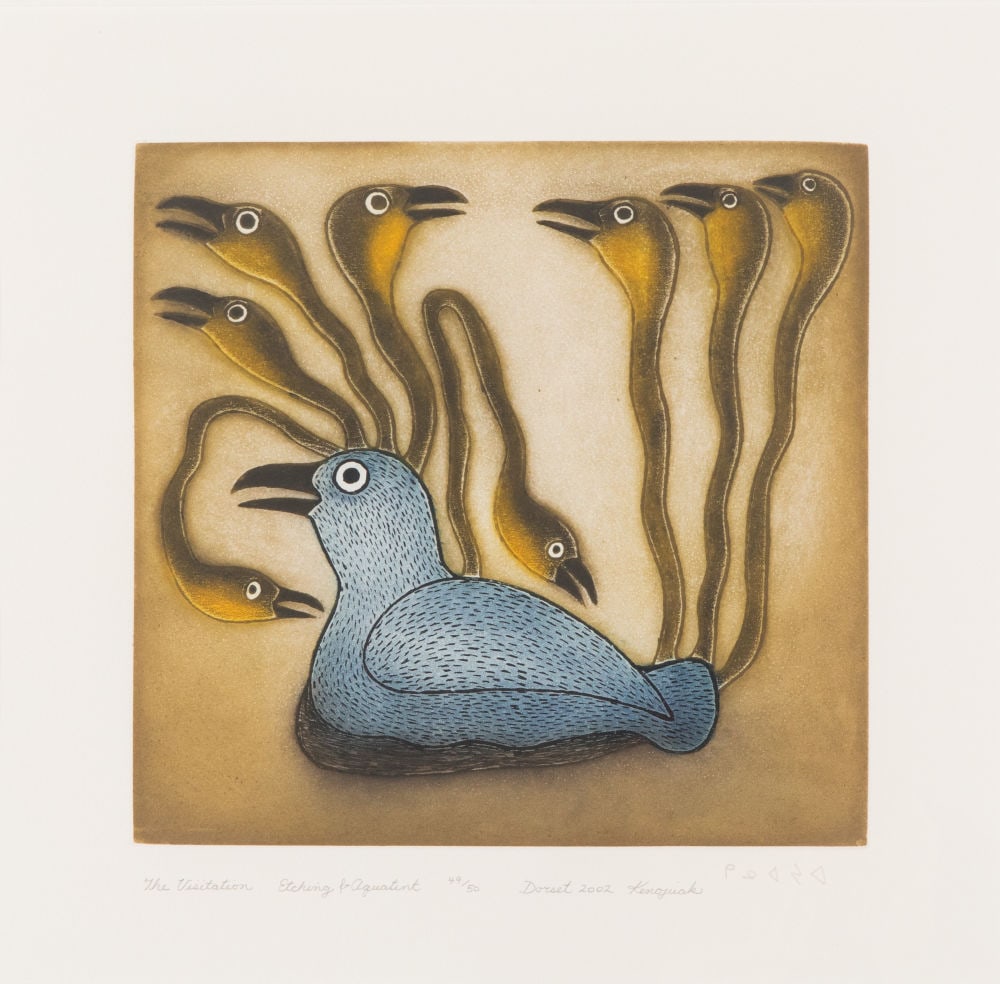 KENOJUAK ASHEVAK, INUIT, The Visitation, 2022 #16: KENOJUAK ASHEVAK, C.C., R.C.A. (1927-2013) KINNGAIT (CAPE DORSET) The Visitation, 2022 #16 Printmaker: STUDIO PM, MONTREAL etching and aquatint, sheet: 14 x 14.5 in (35.6 x 36.8 cm) / plate: 10 x 10.5