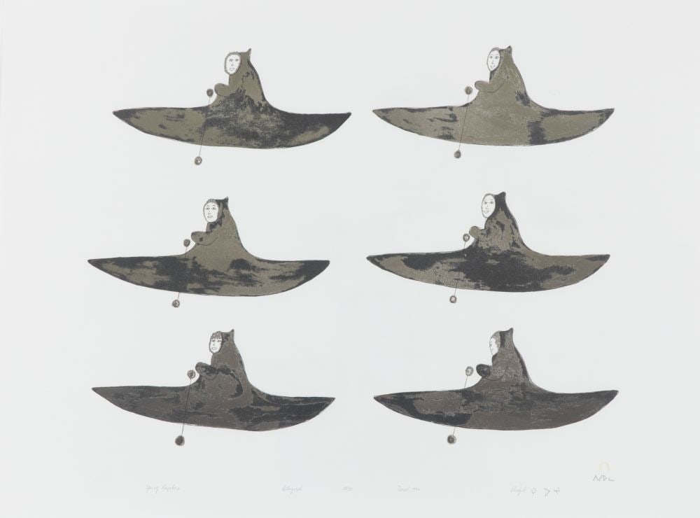 SHEOJUK ETIDLOOIE, INUIT Young Kayakers, 1994 #34: SHEOJUK ETIDLOOIE (1932-1999) KINNGAIT (CAPE DORSET) Young Kayakers, 1994 #34 Printmaker: PITSEOLAK NIVIAQSI R.C.A. (1947-2015) KINNGAIT (CAPE DORSET) lithograph, 22.75 x 30.25 in (57.8 x 76.8 cm), fr