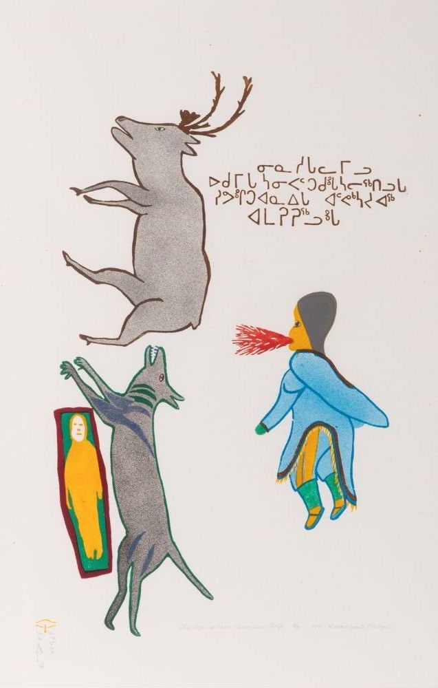 MYRA KUKIIYAUT, INUIT, The Dying Man Becomes a Wolf, 1971 #37: MYRA KUKIIYAUT (1929-2006) QAMANI'TUAQ (BAKER LAKE) The Dying Man Becomes a Wolf, 1971 #37 Printmaker: RUBY ARNGNA'NAAQ (1947-2013) QAMANI'TUAQ (BAKER LAKE) stonecut and stencil, 29 x 19 in (73.7 x 48
