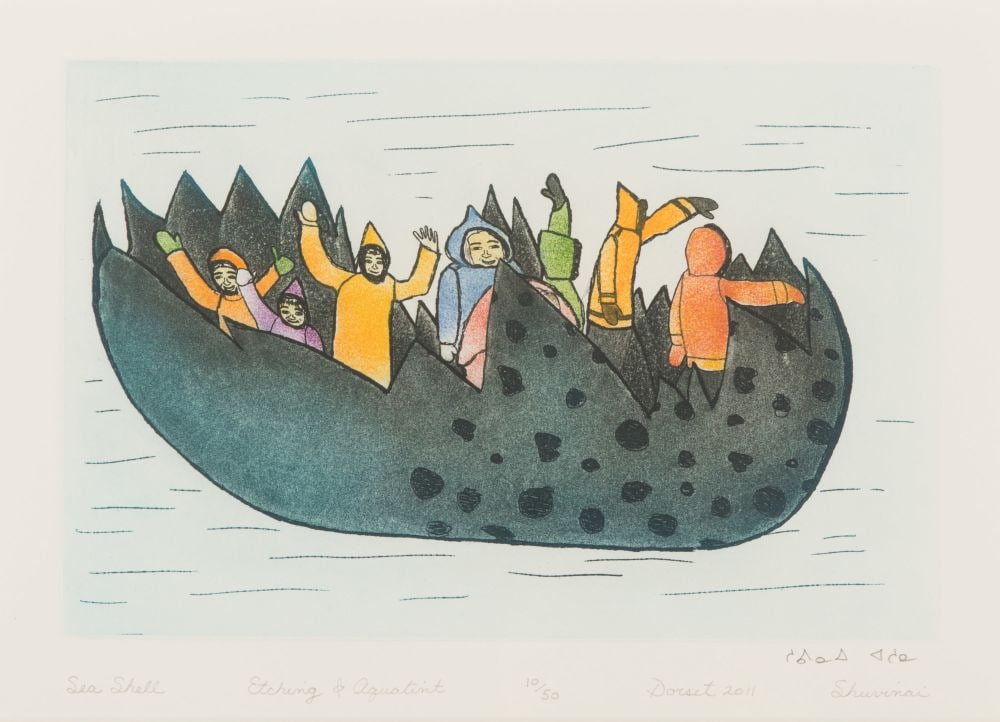 SHUVINAI ASHOONA, INUIT, Sea Shell, 2011 #31: SHUVINAI ASHOONA (1961-) KINNGAIT (CAPE DORSET) Sea Shell, 2011 #31 Printmaker: STUDIO PM, Montreal etching and aquatint, sheet 9.75 x 13.75 in (24.8 x 34.9 cm) / plate 7.75 x 11.75 in (19.7 x 29.8 cm