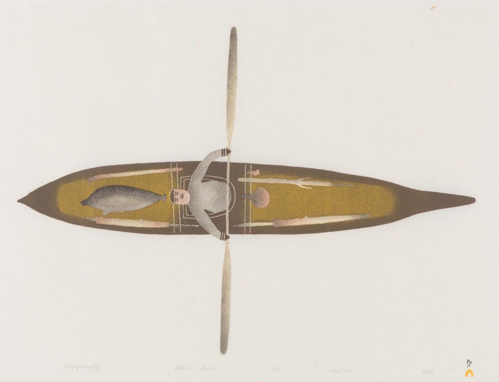 TIKITU QINNUAYUAK, INUIT, Qayaqturiuqtuq (First Time Kayaker), 1991 #28: TIKITU QINNUAYUAK (1908-1992) KINNGAIT (CAPE DORSET) Qayaqturiuqtuq (First Time Kayaker), 1991 #28 Printmaker: QIATSUQ NIVIAQSI (1941-) KINNGAIT (CAPE DORSET) stonecut and stencil, 18.75 x 25 in (47.6