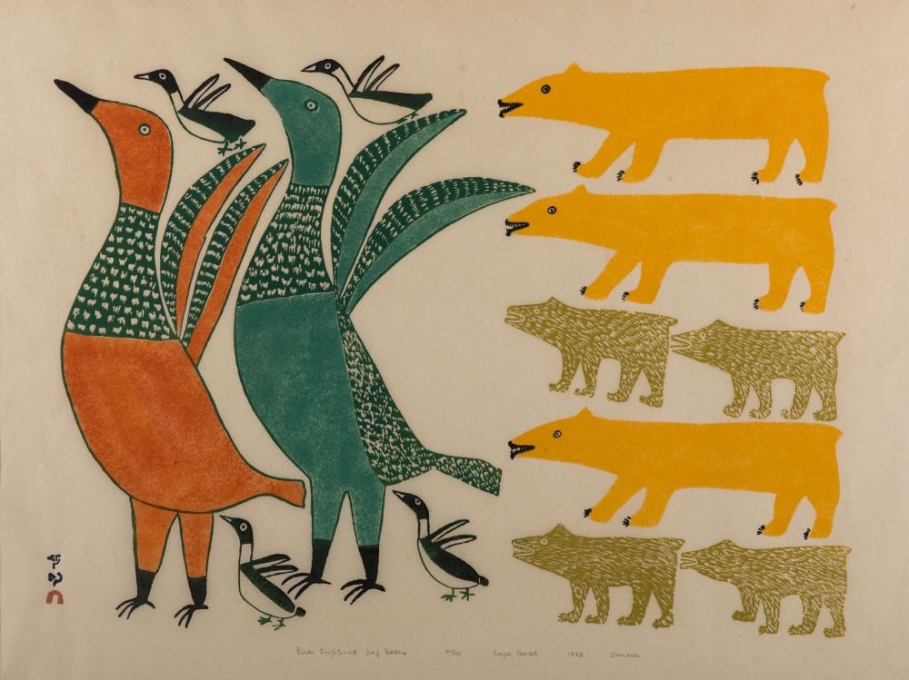 ANNA KINGWATSIAK, INUIT, Birds Frightened by Bears, 1973 #30: ANNA KINGWATSIAK (1911-1971) KINNGAIT (CAPE DORSET) Birds Frightened by Bears, 1973 #30 Printmaker: TIMOTHY OTTOCHIE (1904-1982) KINNGAIT (CAPE DORSET) stonecut and stencil, 22.25 x 29.25 in (56.5 x 7