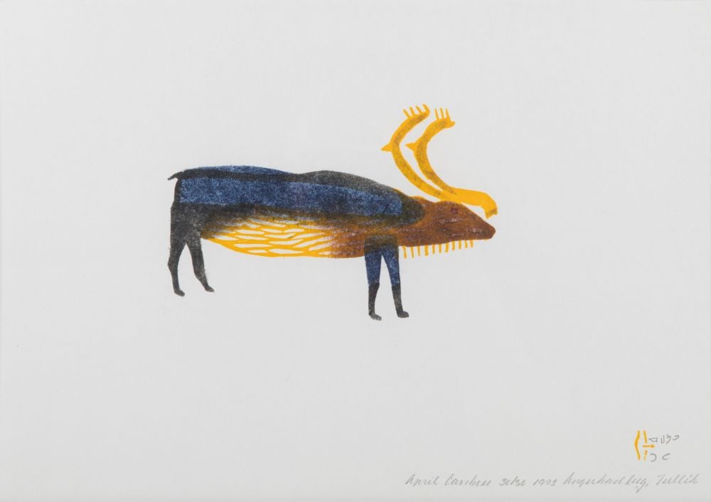 LUKE ANGUHADLUQ, INUIT, April Caribou, 1973 (1974 #14): LUKE ANGUHADLUQ (1895-1982) QAMANI’TUAQ (BAKER LAKE) April Caribou, 1973 (1974 #14) Printmaker: MARGARET TOODLIK AMAROOK (1942-) QAMANI'TUAQ (BAKER LAKE) stonecut and stencil, 10.25 x 14.75 in (