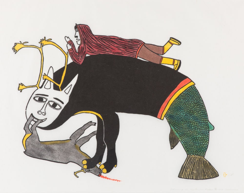 SIMON TOOKOOME, INUIT, Qadruhuaq, The Mysterious Helper, 1972 #24: SIMON TOOKOOME (1934-2010) QAMANI’TUAQ (BAKER LAKE) Qadruhuaq, The Mysterious Helper, 1972 #24 Printmaker: SIMON TOOKOOME (1934-2010) QAMANI’TUAQ (BAKER LAKE) stonecut and stencil, 22.75 x