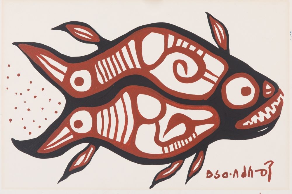 NORVAL MORRISSEAU, FIRST NATIONS, Spawning Fish With Two Birds, mid-1960s (1 of 1)