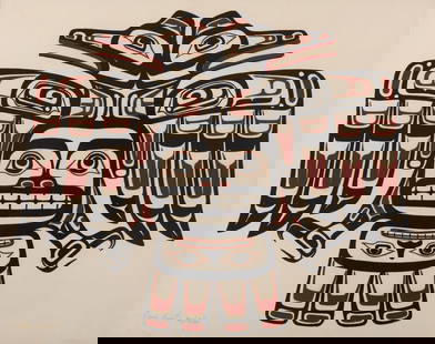 TONY HUNT, FIRST NATIONS, Untitled (Bird), 1988: TONY HUNT, O.B.C. (1942-2017) KWAKWA̱KA̱ʼWAKW Untitled (Bird), 1988 silkscreen print, 15 x 19 in (38.1 x 48.3 cm), framed, sight. 46/100 Provenance Private Collection, Ottawa. Born in