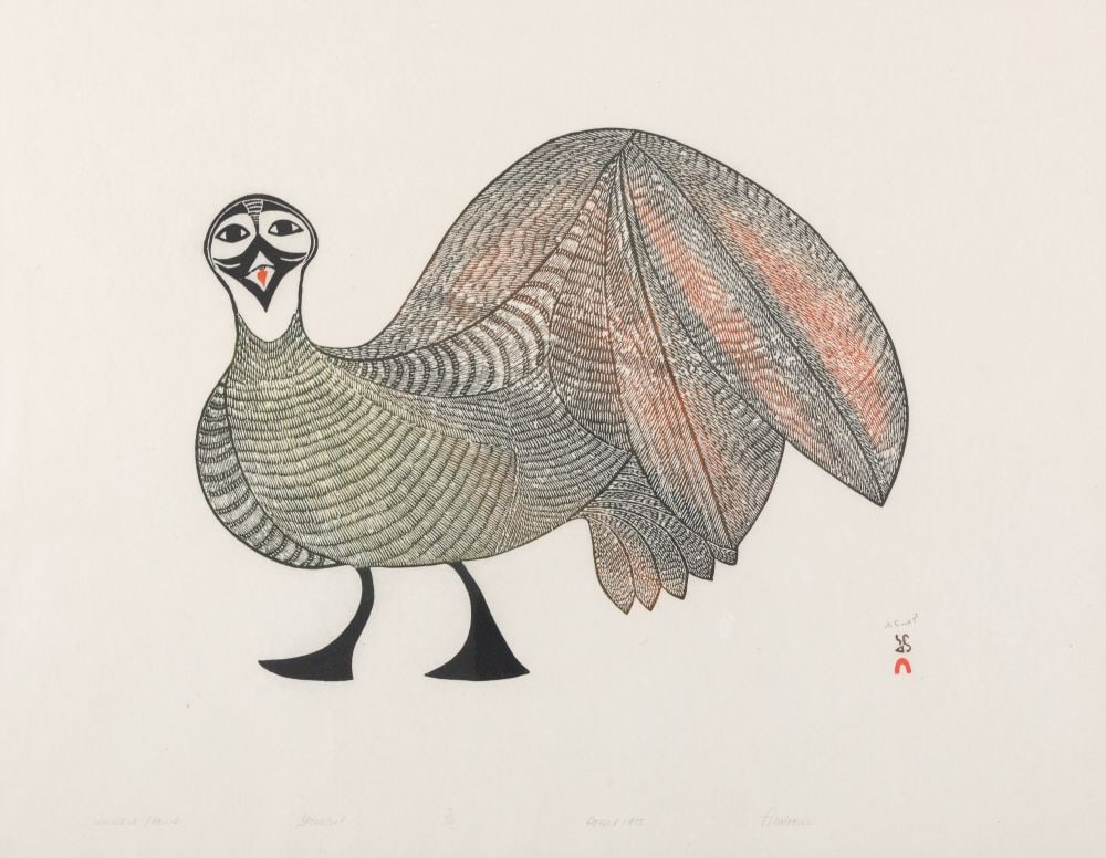 PITALOOSIE SAILA, INUIT, Tundra Hawk, 1975 #26: PITALOOSIE SAILA, R.C.A. (1942-2021) KINNGAIT (CAPE DORSET) Tundra Hawk, 1975 #26 Printmaker: SAGGIAKTOK SAGGIAKTOK (1932-) KINNGAIT (CAPE DORSET) stonecut, 21.75 x 28 in (55.2 x 71.1 cm), framed, sig