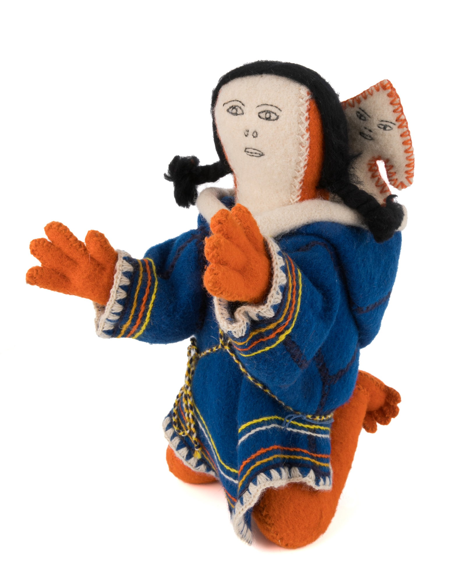 TIGAQ, INUIT, Packing or Pack Doll (Kadlu and Lightning Child), late 1980s: TIGAQ, TALOYOAK (SPENCE BAY) Packing or Pack Doll (Kadlu and Lightning Child), late 1980s wool duffel, thread, yarn, and stuffing, 12.25 x 10 x 7 in (31.1 x 25.4 x 17.8 cm) signed, "ᑎᒐ". t