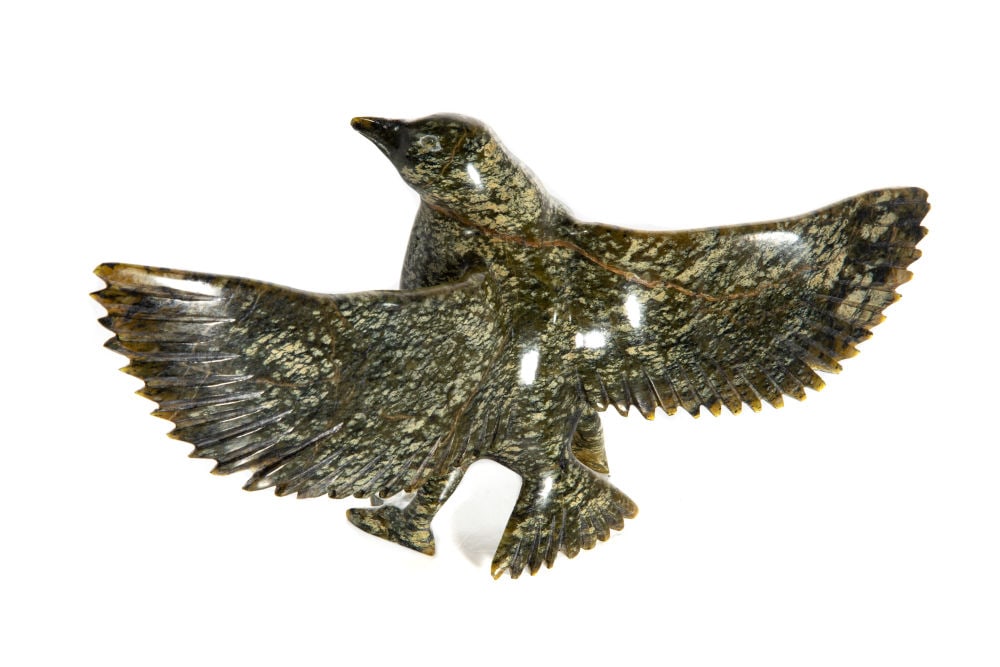 NAPACHIE SHARKY, INUIT, Alighting Bird, 2006: NAPACHIE SHARKY (1971-2018) KINNGAIT (CAPE DORSET) Alighting Bird, 2006 stone, 3.75 x 9.5 x 2.25 in (9.5 x 24.1 x 5.7 cm) signed, "ᓇᐸᓯ / ᓴᑭ"; dated "2006" to the accompan