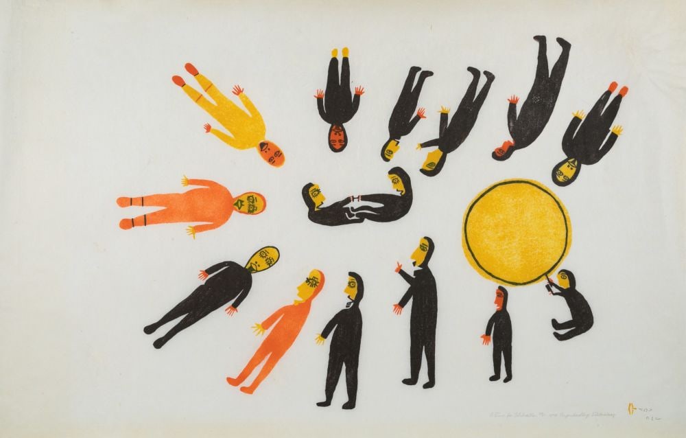 LUKE ANGUHADLUQ, INUIT, A Time for Celebration, 1974 #18: LUKE ANGUHADLUQ (1895-1982) QAMANI’TUAQ (BAKER LAKE) A Time for Celebration, 1974 #18 Printmaker: DAVID TIKTAALAAQ (1927-) QAMANI'TUAQ (BAKER LAKE) stonecut and stencil, 25 x 39 in (63.5 x 99.1 