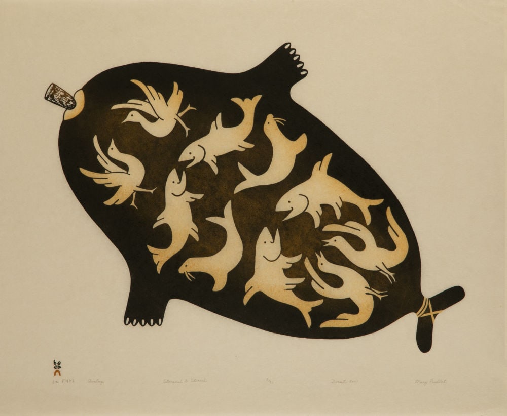 MARY PUDLAT, INUIT, Avataq, 2001 #16: MARY PUDLAT (1923-2001) KINNGAIT (CAPE DORSET) Avataq, 2001 #16 Printmaker: QAVAVAU MANUMIE (1958 -) KINNGAIT (CAPE DORSET) stonecut and stencil, 24.5 x 30 in (62.2 x 76.2 cm) 2/50 Provenance Private 
