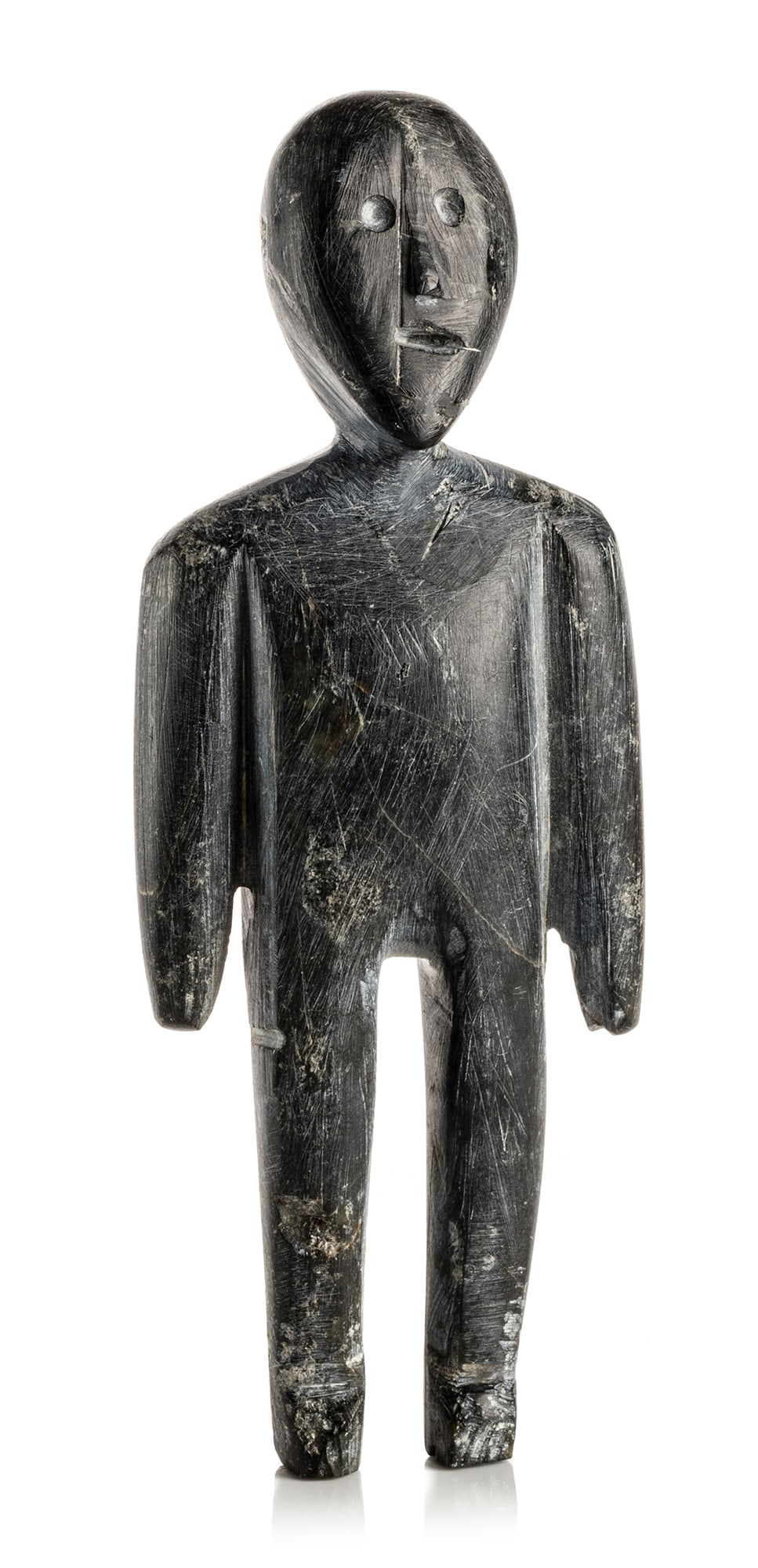Prob. MATEE ATANGAK TIKTAK, INUIT, Standing Figure , c. 1959-61: Probably MATEE ATANGAK TIKTAK (1916-D) KANGIQLINIQ (RANKIN INLET) Standing Figure , c. 1959-61 stone, 5 x 2 x 1 in (12.7 x 5.1 x 2.5 cm) inscribed with partial disc number and signed by John Tiktak, t
