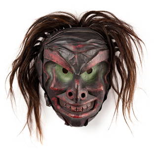 BEAU DICK, FIRST NATIONS, Ba?k’wa?s (Bookwus / Bukwus / Wild Man of the Woods) Mask, c.: BEAU DICK (1955-2017) KWAKWA̱KA̱ʼWAKW Ba̱k’wa̱s (Bookwus / Bukwus / Wild Man of the Woods) Mask, c. early-mid 2000s cedar wood, leather, horse hair, acrylic paint, and m