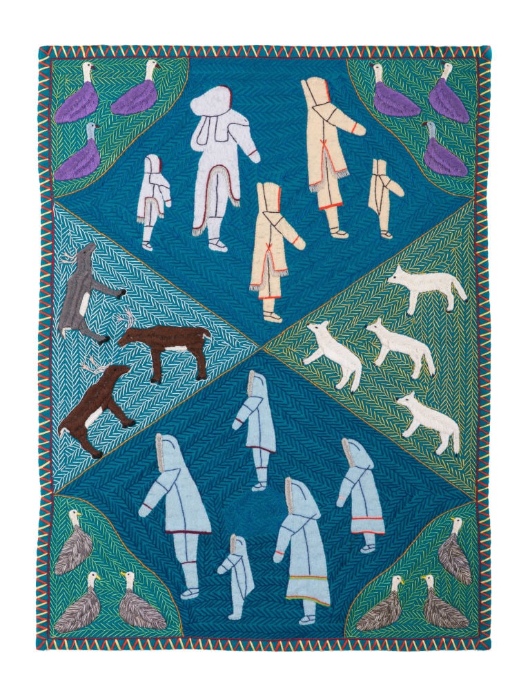 WINNIE TATYA, INUIT, People, Caribou, Wolves, and Birds, c. 1999: WINNIE TATYA (1931-) QAMANI'TUAQ (BAKER LAKE) People, Caribou, Wolves, and Birds, c. 1999 stroud, felt, and cotton thread, 28 x 21 in (71.1 x 53.3 cm) unsigned. Provenance Collection of Sally Qimmiu&#