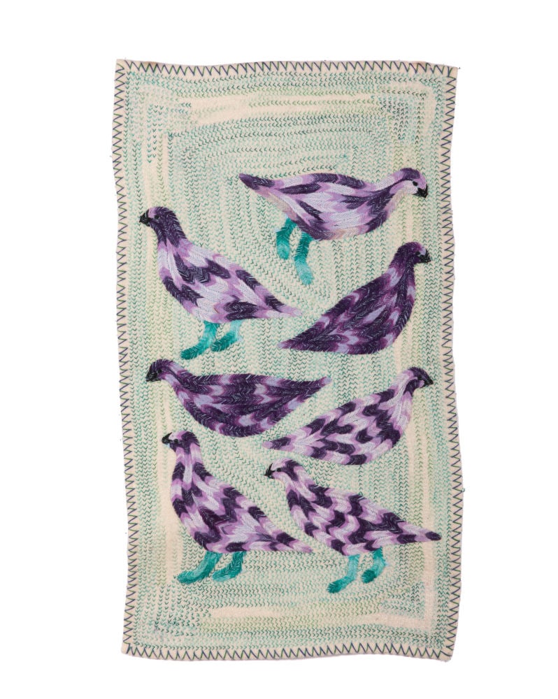 ELIZABETH QUINANAGNAQ, INUIT, Seven Purple Birds, c. early 2000s: ELIZABETH QUINANAGNAQ ANGRNAGANGRNIQ (1938-) QAMANI'TUAQ (BAKER LAKE) Seven Purple Birds, c. early 2000s stroud, felt, and thread, 25 x 14 in (63.5 x 35.6 cm) signed, "ᑯᐃᓇᓇ / &