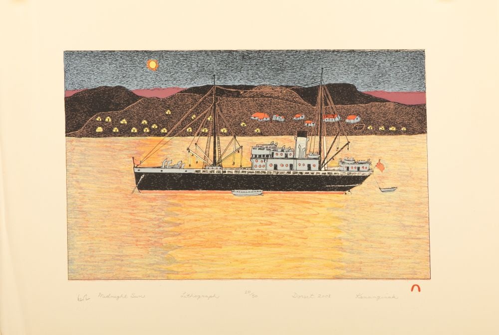 KANANGINAK POOTOOGOOK, INUIT, Midnight Sun, 2008 #7: KANANGINAK POOTOOGOOK, R.C.A. (1935-2010) KINNGAIT (CAPE DORSET) Midnight Sun, 2008 #7 Printmaker: PITSEOLAK NIVIAQSI, R.C.A. (1947-2015) KINNGAIT (CAPE DORSET) lithograph on cream coloured paper, 15 